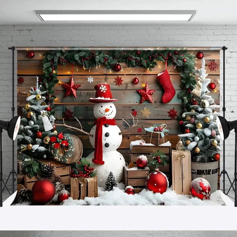 Aperturee Wood Board Snowman Christmas Baubles Photo Backdrop