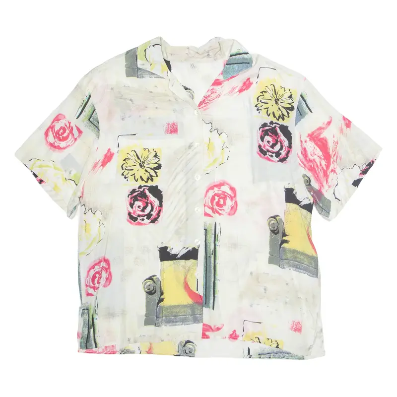 Womens Printed Shirt White Collared Viscose Floral L