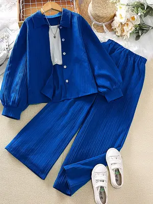 Two-Piece Set Teen Girl's Solid Button Front Lantern Sleeve Blouse & Elastic Waist Pants Set, Casual Long Sleeve Collared Top...