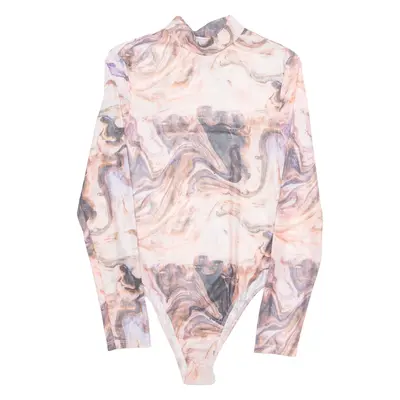 Sheer Tall Marble Womens Printed Bodysuit Pink High Neck Crazy Pattern M