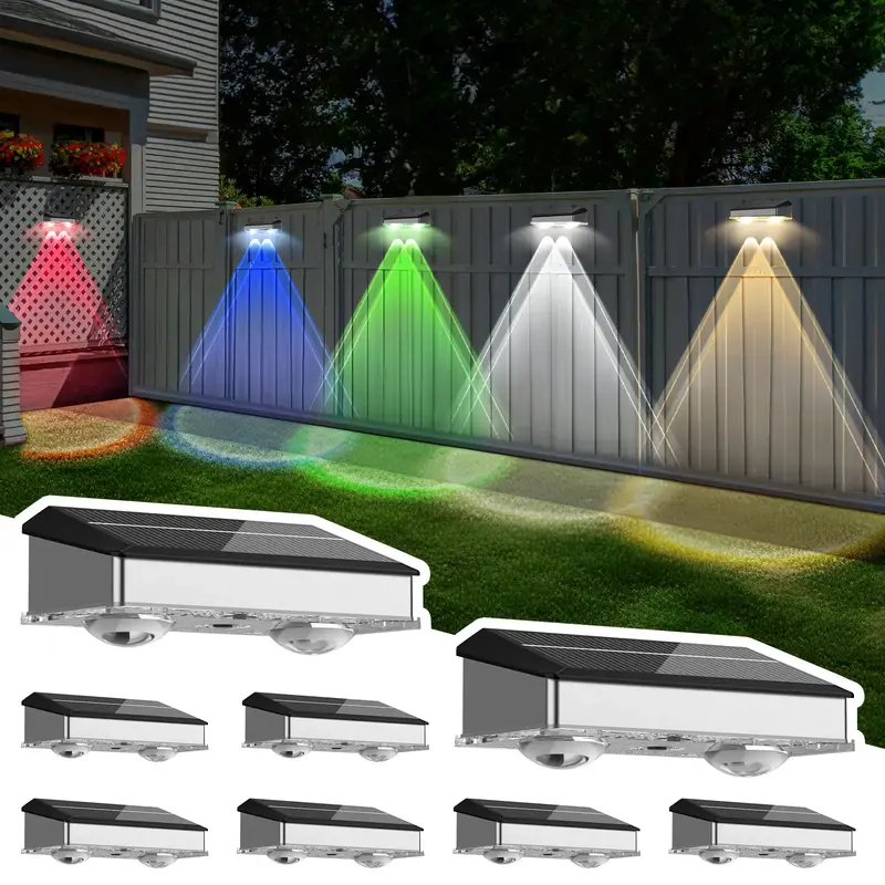 JNOEC Stainless Steel ABS Solar Fence Lights Outdoor 24 Pack 6 RGB Color Changing 8 Fixed Colors Warm White Cool White Colore...