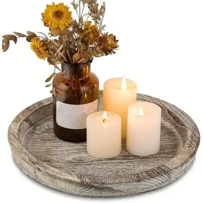 Wooden Tray, 1 Count Vintage Round Candle Snack Fruit Perfume  Toiletries Display Tray, Decorative Tray for Home Living Room ...