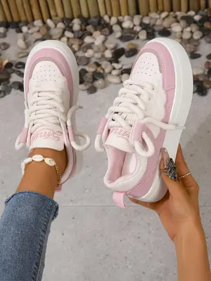 Fashionable Colorblock Lace Up Low Top Sneakers, Casual Comfortable Sports Shoes for Women, Female All-match Round Toe Skateb...