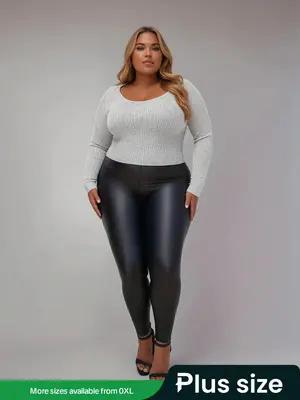 Plus Size Black Leather High Waisted Skinny Pants, Sexy Trendy Casual Seamless Tight Scrunch Leggings for Daily Outdoor Wear,...