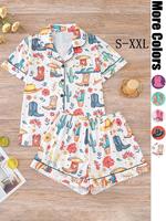 Women's All Over Print Lapel Neck Button Front Pajama, Casual Comfy Short Sleeve Pocket Top & Elastic Waist Shorts Pj, Ladies...