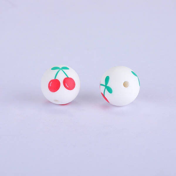 Printed Round with Cherry Pattern Silicone Focal Beads