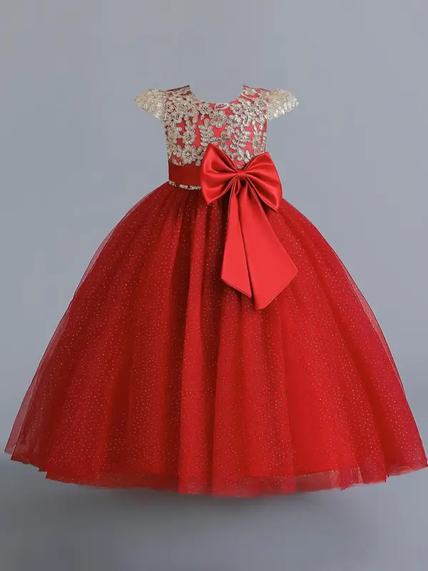 Girl's Contrast Sequin Bow Decor Belted Fit and Flare Tulle Dress, Elegant Cap Sleeve Round Neck Party Dress for Performance ...