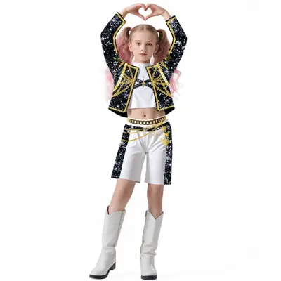 KPop Demon Hunters Costume for Girls 3-Piece Set | Halloween K-Pop Dance Outfit with Embroidery & Gold Chain Print | Performa...