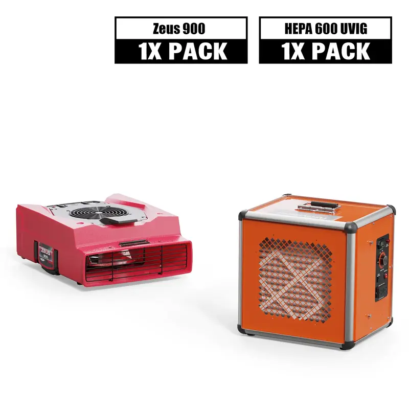 Alorair Sanitization & Disinfection Combo Pack, 1 X Zeus 900 Air Mover, 1 X HEPA 600 UVIG Air Scrubber - Red