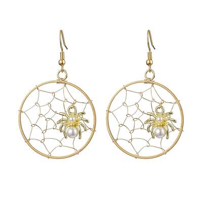 Copper Wire Wrapped Spider Web & Spider Dangle Earrings