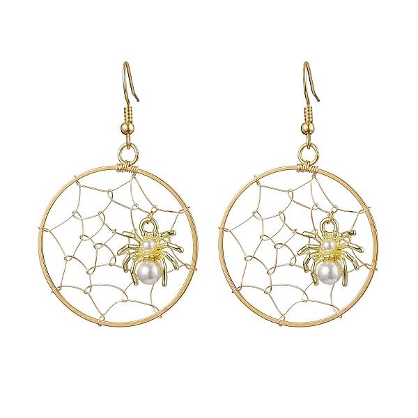 Copper Wire Wrapped Spider Web & Spider Dangle Earrings