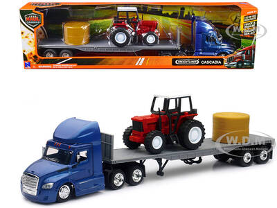 Freightliner Cascadia with Flatbed Trailer Blue with Farm Tractor Red and Hay Bales \