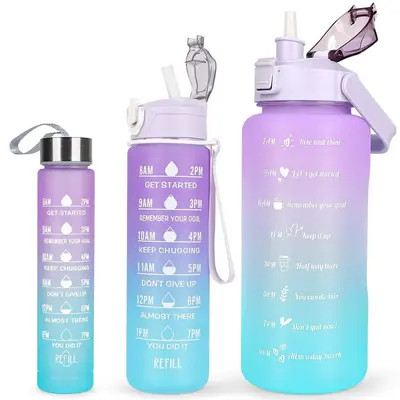 Summer Travel Gradient Water Bottles, 3 Counts/set Portable Tumbler with Straw & Strap, Reusable Water Bottles with Time Mark...