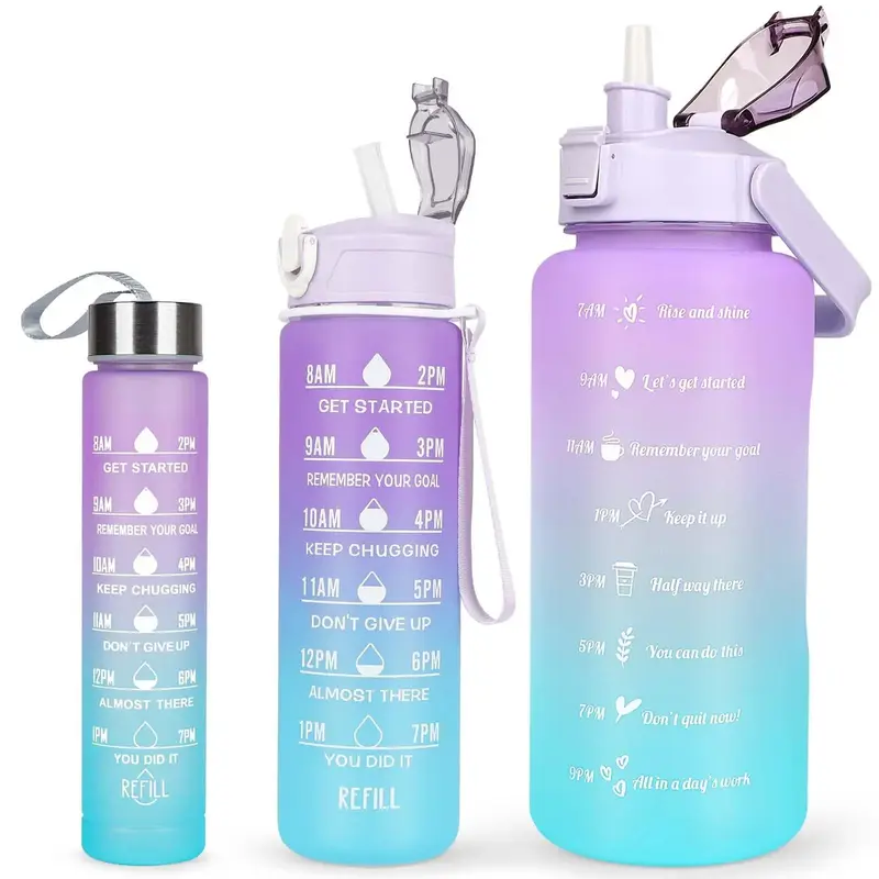 Summer Travel Gradient Water Bottles, 3 Counts/set Portable Tumbler with Straw & Strap, Reusable Water Bottles with Time Mark...