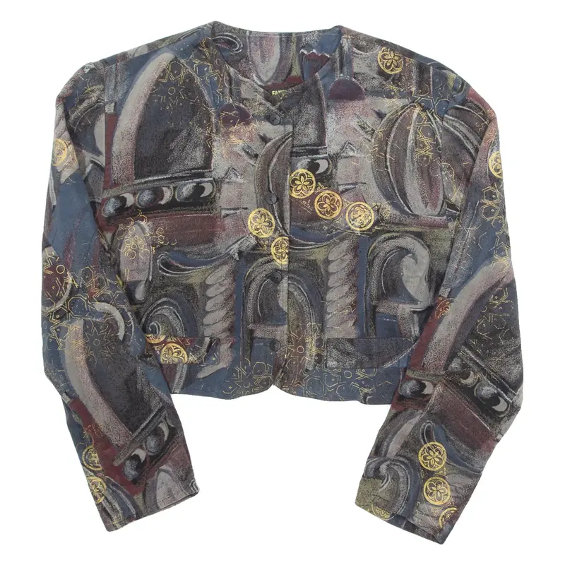 Womens Cropped Blouse Blue Long Sleeve Crazy Pattern M