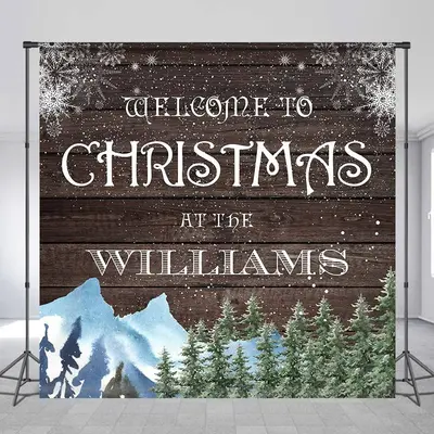 Custom Wooden Snowy Pine Family Christmas Backdrop - Aperturee