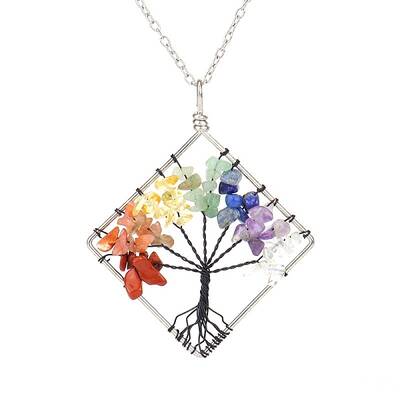 Natural Mixed Stone Chips Beaded Tree of Life Pendant Necklaces