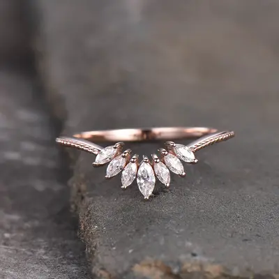 Art Deco Moissanite Wedding Band,Marquise Moissanite Ring Seven Stone