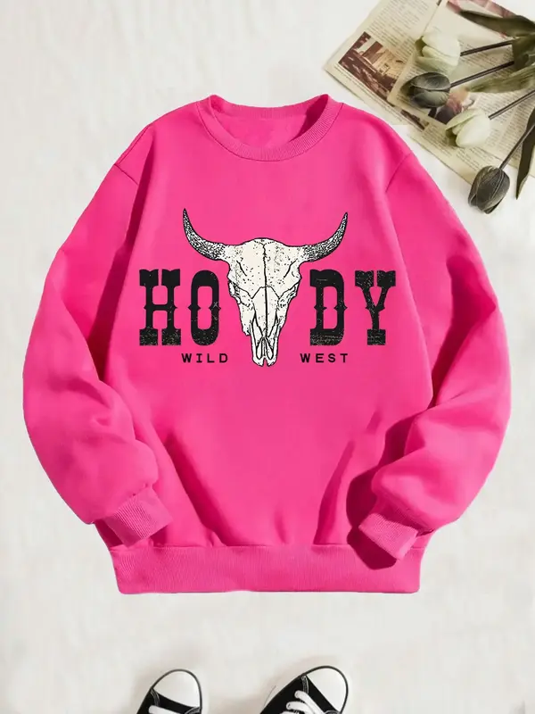 Girl's Cartoon Bull Head & Letter Print Drop Shoulder Thermal Lined Sweatshirt, Casual Long Sleeve Round Neck Pullover for Sp...
