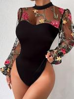 Women's Floral Embroidery Sheer Contrast Mesh Flounce Sleeve Bodysuit, Elegant Mock Neck Longsleeves Bodycon Bodysuit for Vac...