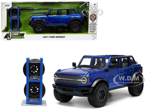 2021 Ford Bronco Open-Top Candy Blue Metallic with Extra Wheels Just Trucks Series 1/24 Diecast Model Car by Jada