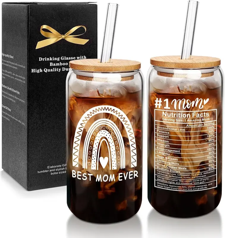 ANOTION Gifts for Mom, Coffee Cups, Birthday Gifts for Mom from Daughter Son, 18OZ Glass Cup Best Mom Gifts Bamboo Classic M...