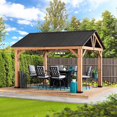 SUNJOY 11x13 Wooden Frame Gable Roof Gazebo with Ceiling Hook - Black
