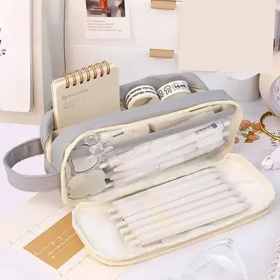 Pencil Case, 1 Count Simple Solid Color Large Capacity Pencil Pouch, Waterproof Double Layer Stationery Storage Bag with Hand...