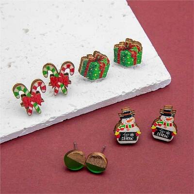 4 Pairs Candy Cane & Snowman & Christmas Gift Printed Wood Stud Earrings