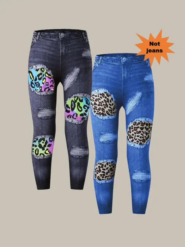 Girl's Denim-effect Print Skinny Pants, Casual Fashion  Pants, Trendy Trousers for Kids
