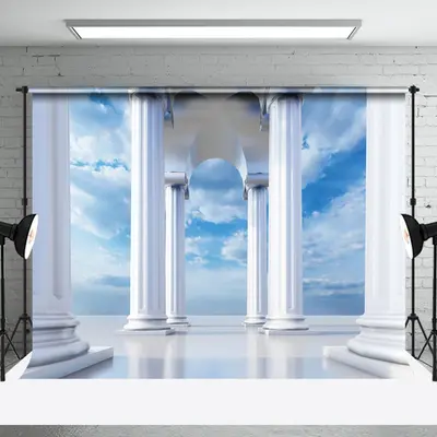 White Greek Pillars Blue Sky Photo Booth Backdrop - Aperturee