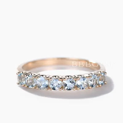 3mm Round Cut Blue Topaz Wedding Band 14K Yellow Gold Eternity Wedding Ring