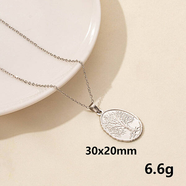 Stainless Steel Oval with Tree of Life Pendant Necklace