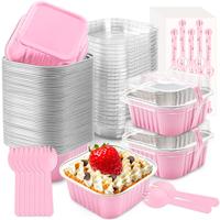 50 Pack Mini Cake Pans with Lids and Spoons Aluminum Foil Pans Square Cupcake Liners Brownie Baking Cups Disposable Ramekins ...