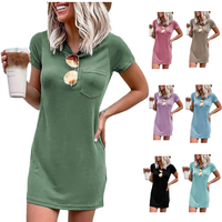 Fisoew Women T Shirt Dress Summer Fashion Mini Dress Crew Neck Short Sleeve Dress Solid Color Casual Dress with Pocket