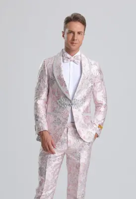 Light Pink Suit For Men's Fancy Pink Floral Paisley Prom Tuxedo with Silver Trim