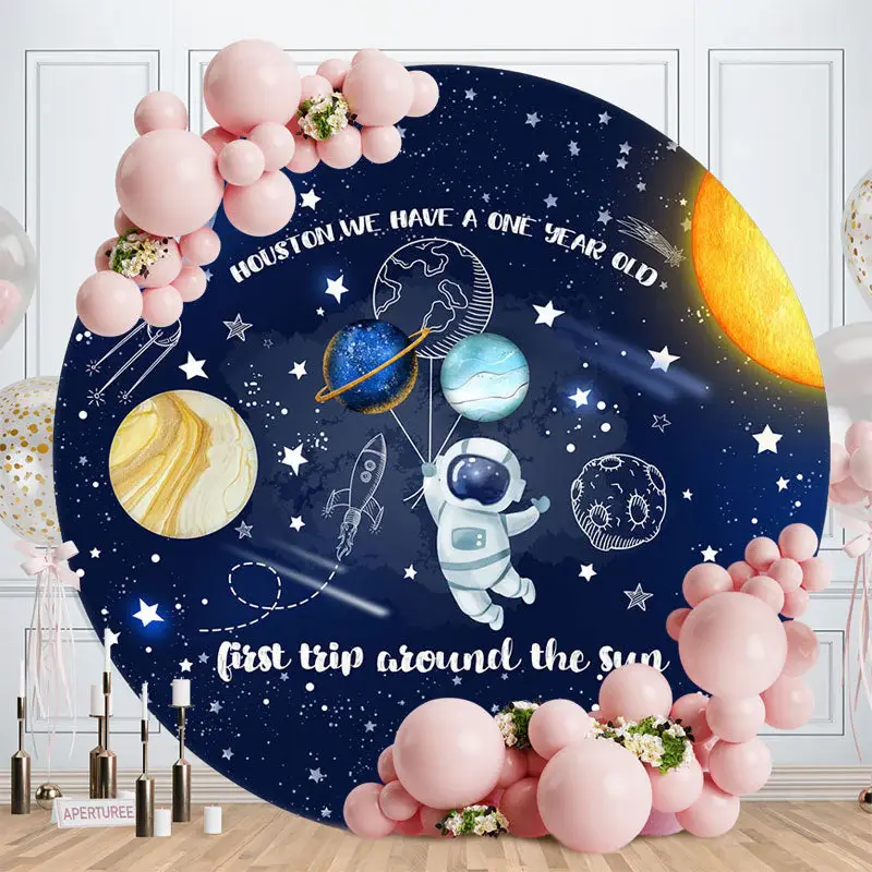 Planets Cute Astronaut Round 1St Birthday Backdrop - Aperturee