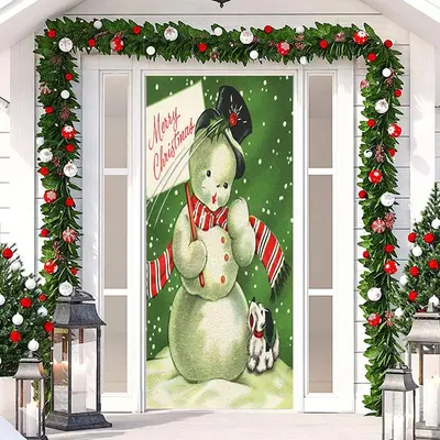 Green Snowman And Dog Snowy Christmas Door Cover - Aperturee