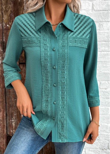 Modlily Turquoise Button Patchwork 3/4 Sleeve Shirt - XXL