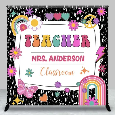 Black Teacher Rainbow Custom Back To School Backdrop