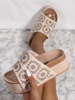 Women's Fashionable Boho Style Ethnic Pattern Embroidering Design Slip on Sandals, Casual Comfortable Khaki Platform Sandals ...