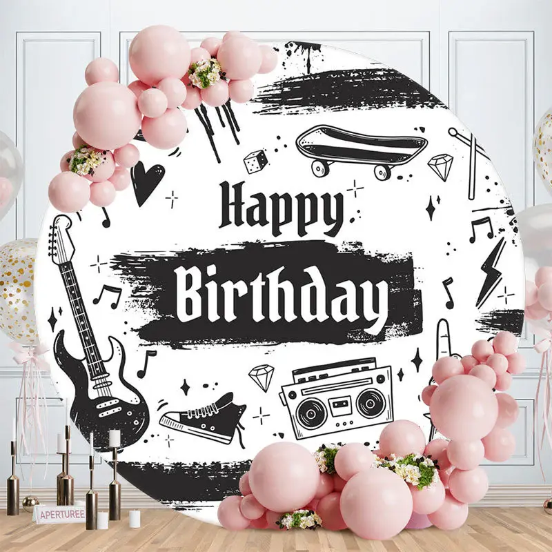 Rock And Roll Music Style Round Birthday Backdrop - Aperturee