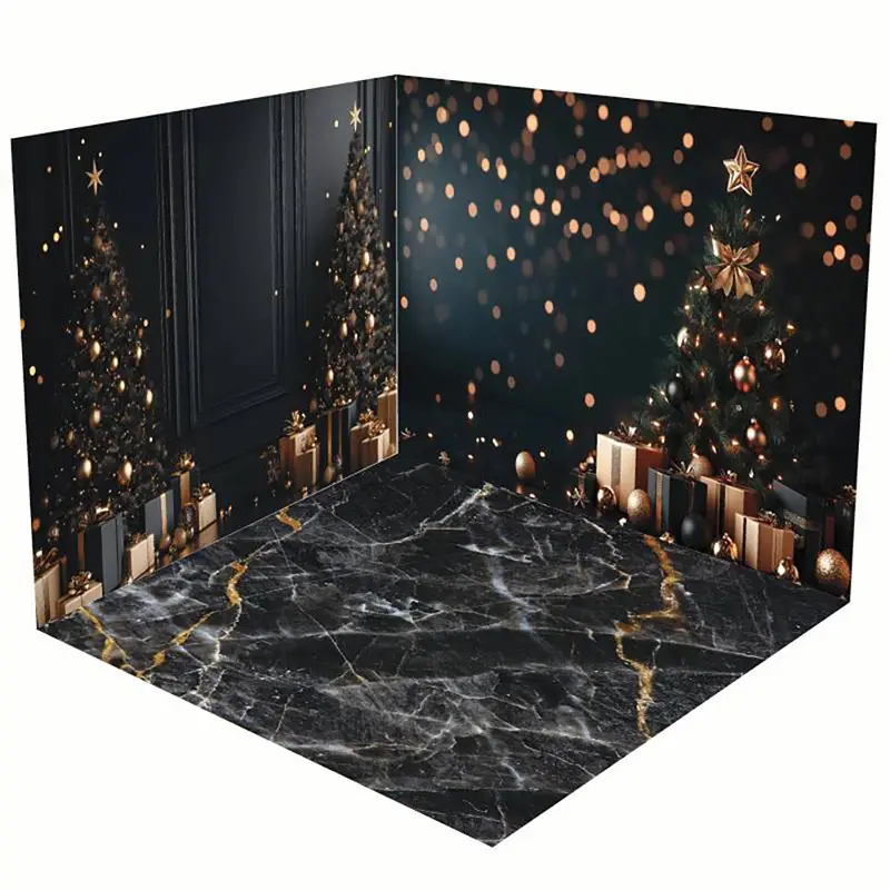 Aperturee Black Marble Floor Bokeh Christmas Room Set Backdrop | Christmas Photo Backdrop | Christmas Photo Booth Backdrop | ...