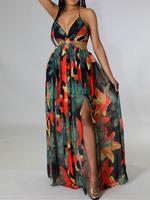 Women's Ditsy Floral Print Backless Halter Dress, Boho Fashion Casual Chiffon Sleeveless Dress for Beach Holiday Vacation, La...