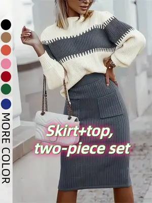 Women's Colorblock Bishop Sleeve Mock Neck Sweater & High Waist Skirt Set, Casual Long Sleeve Jumper & Pocket Split Hem Skirt...