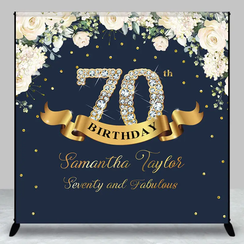 Custom Navy Blue Pink Floral 70th Birthday Backdrop - Aperturee