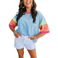 Znacicc Block Stitching Sleeve Round Neck Oversize Top - Comfortable Casual Style with Round Neck and Block Stitching
