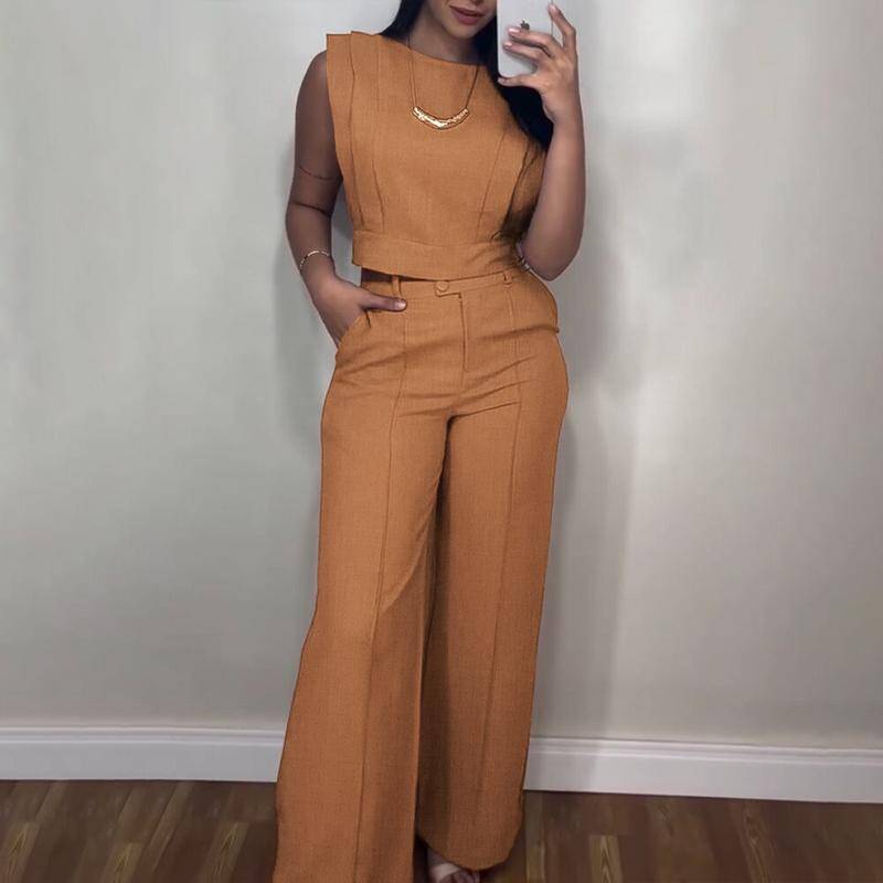 ChicMe Women's 2 Pieces Round Neck Cap Sleeve Crop Top and Casual Pocket Design Straight Pants Set/Women's Crop Top and