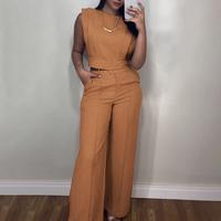 CHICME Women's 2 Pieces Round Neck Cap Sleeve Crop Top and Casual Pocket Design Straight Pants Set