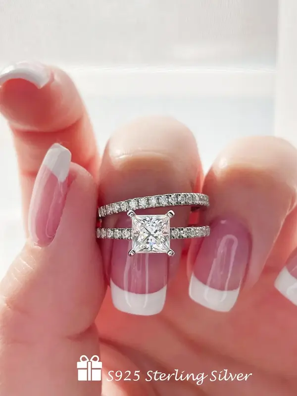 925 Sterling Silver Fashion Square Shaped Artificial Zircon Ring Set, Engagement Ring Set, Fashion Jewelry Accessories for Wo...